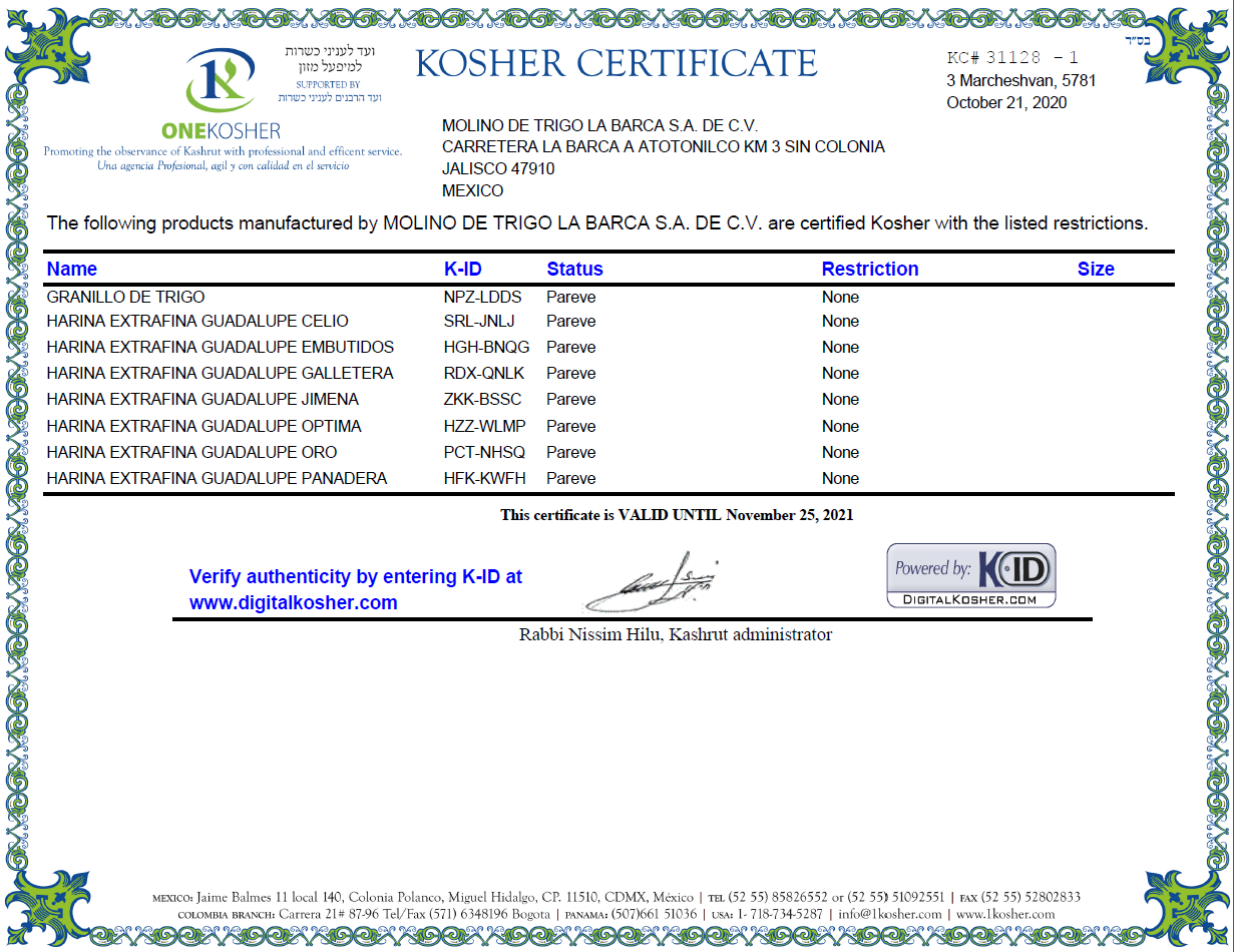 Harinera Gudalupe S.A. de C.V. Certificado KOSHER para Molino de Trigo de La Barca, S.A. de C.V.